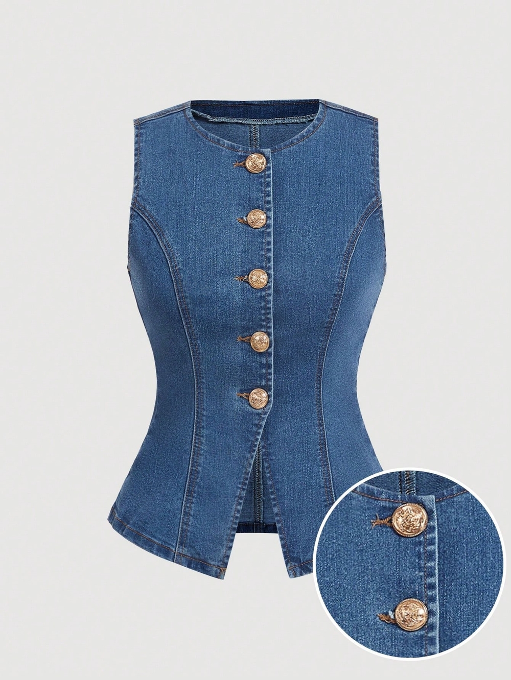 SHEIN Blue Denim Button Front Sleeveless Vest